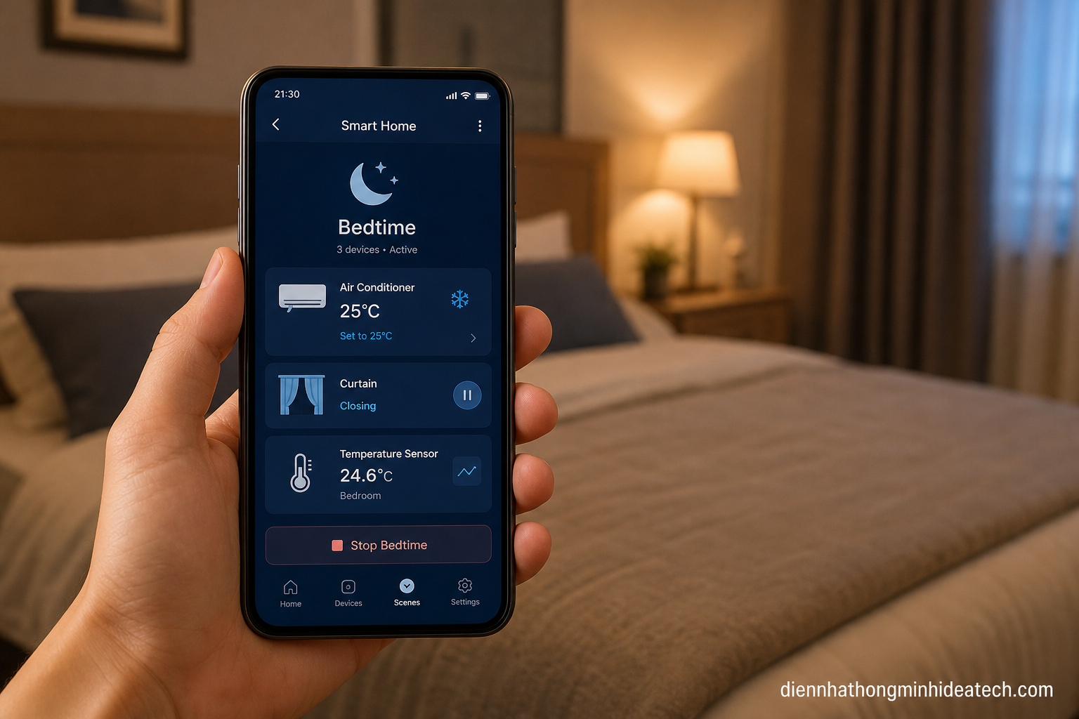 Màn hình app nhà thông minh cài đặt kịch bản điều hòa 25 độ C và đóng rèm tự động