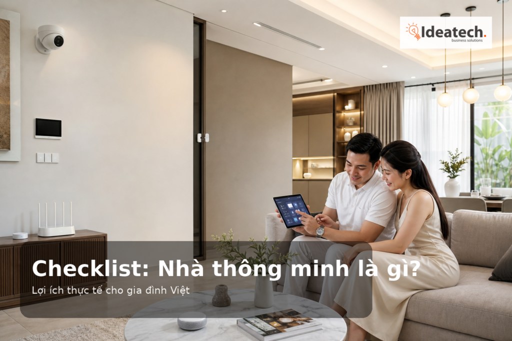 Ảnh đại diện checklist nhà thông minh cho gia đình Việt với không gian sống hiện đại và thiết bị thông minh