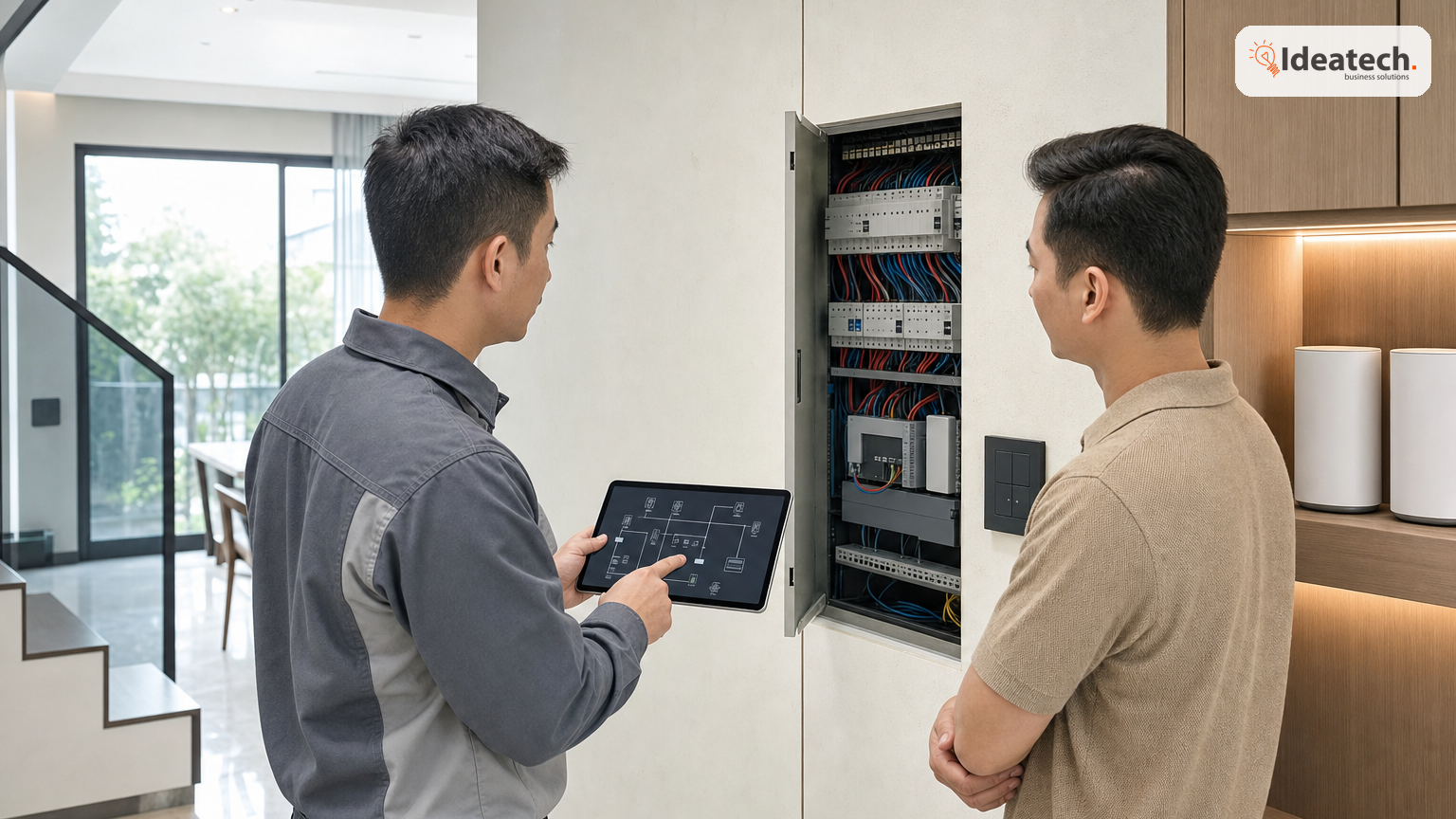 Kỹ thuật viên khảo sát điện âm tường, router và thiết bị mạng trước khi lắp đặt nhà thông minh