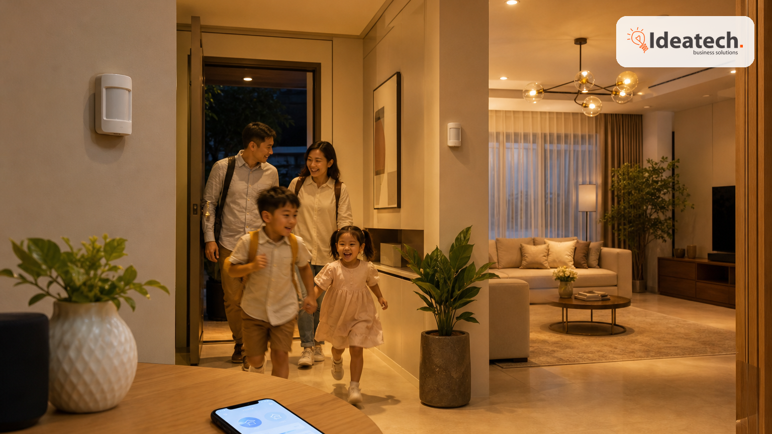 Gia đình Việt về nhà buổi tối với đèn hành lang và phòng khách tự động bật