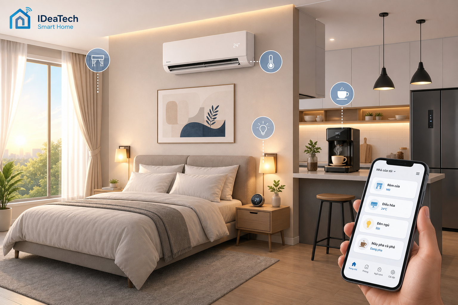 Buổi sáng tiện nghi với rèm, đèn và điều hòa tự động