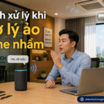 Nhân viên văn phòng ra lệnh giọng nói cho loa thông minh điều khiển điều hòa và rèm cửa