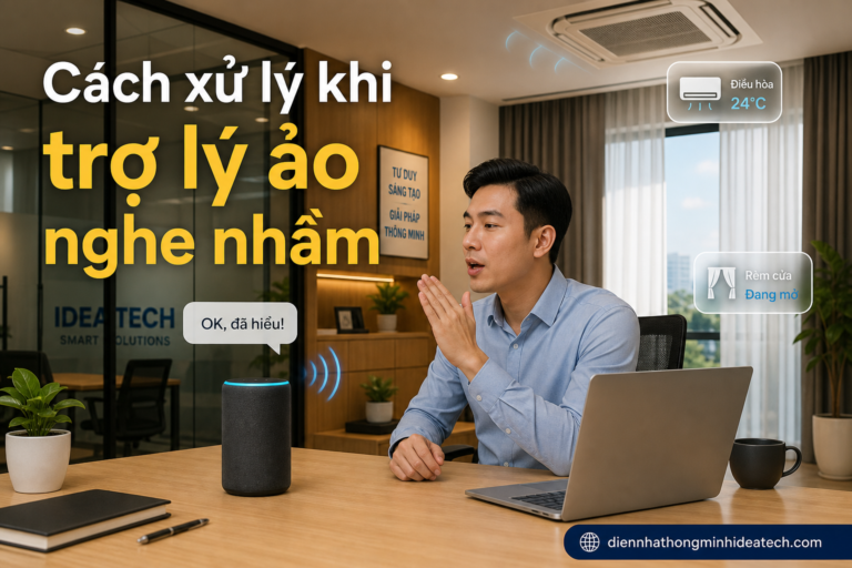 Nhân viên văn phòng ra lệnh giọng nói cho loa thông minh điều khiển điều hòa và rèm cửa