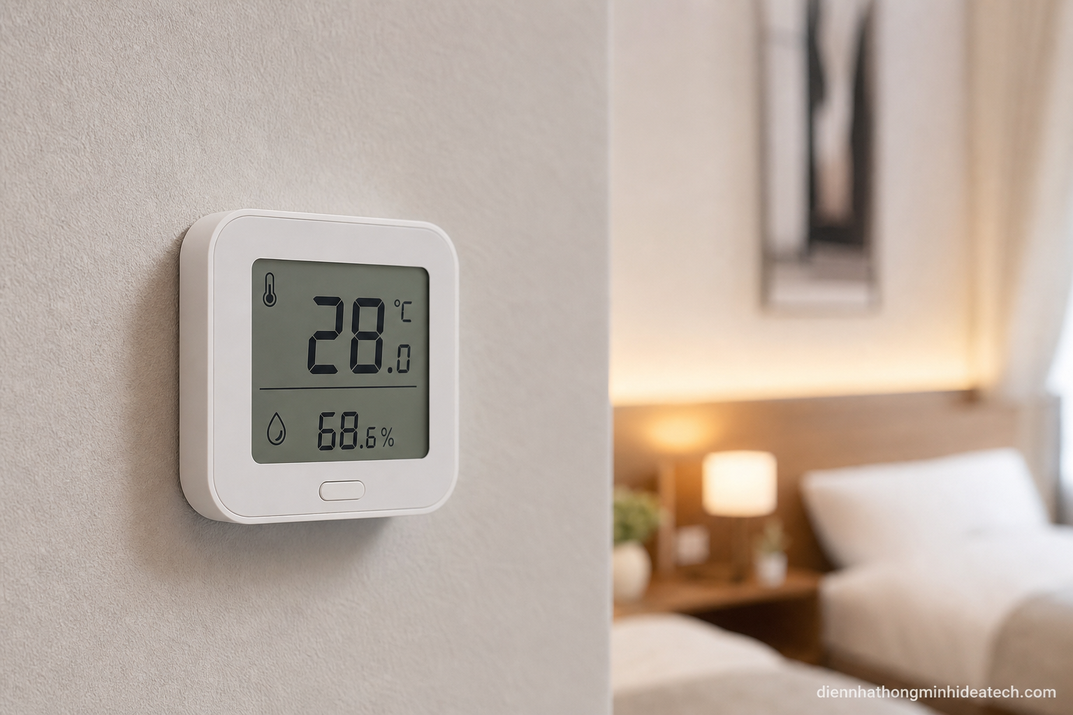 Cảm biến nhiệt độ thông minh gắn tường phòng ngủ hiển thị 28 độ C