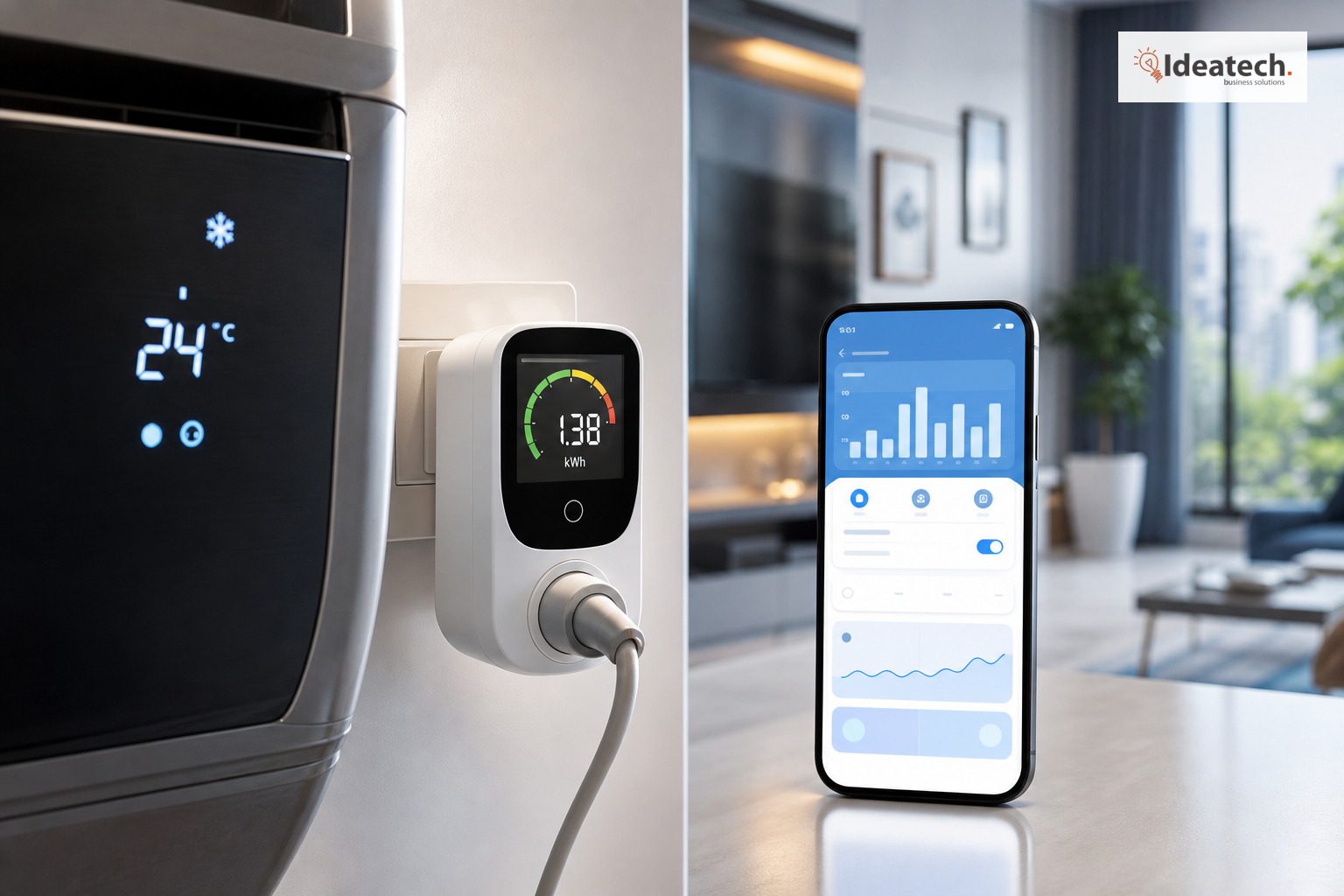 Smart plug và đồng hồ đo điện hiển thị mức tiêu thụ điện của thiết bị gia đình