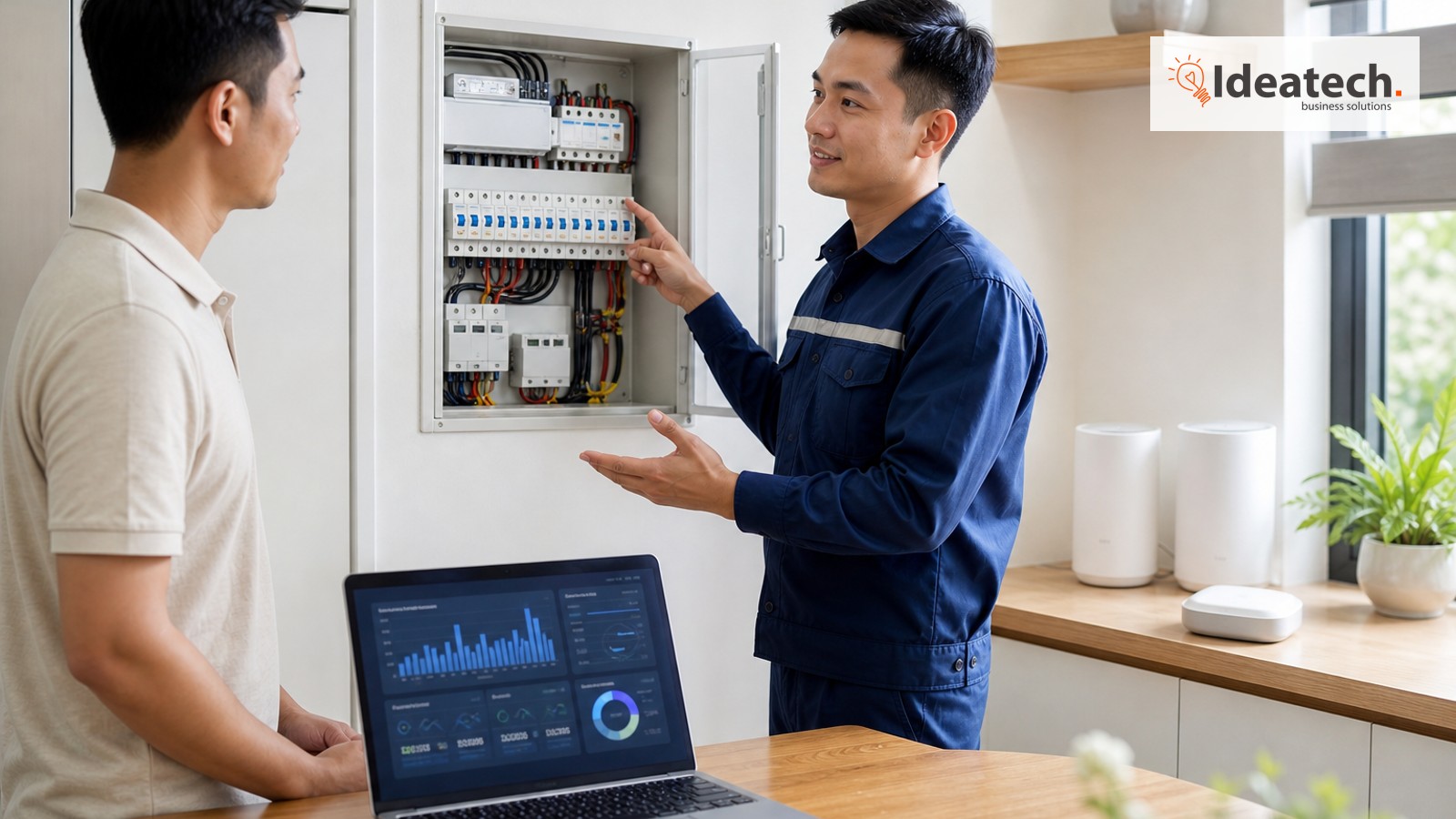 Kỹ thuật viên tư vấn dashboard điện năng, hub smarthome và router Wi-Fi mesh