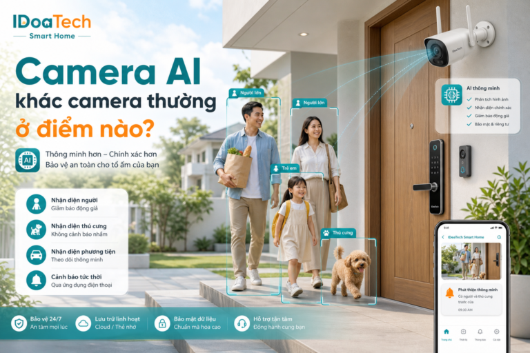 Hình minh họa camera AI và khóa cửa thông minh tại lối vào nhà