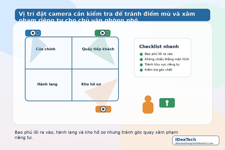 Sơ đồ vị trí đặt camera kiểm tra lối vào, hành lang và kho hồ sơ trong văn phòng nhỏ