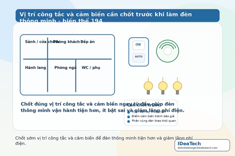Minh họa sơ đồ vị trí công tắc và cảm biến cần chốt trước khi làm đèn thông minh để tiết kiệm điện
