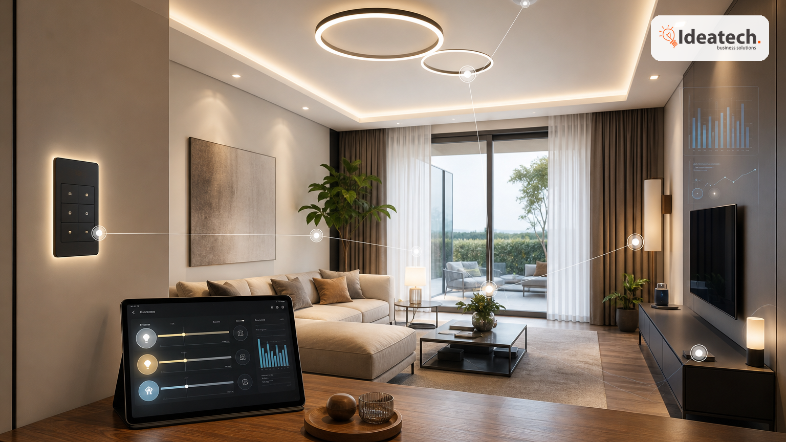 Căn hộ hiện đại có đèn thông minh, cảm biến hiện diện và dashboard lịch bật tắt