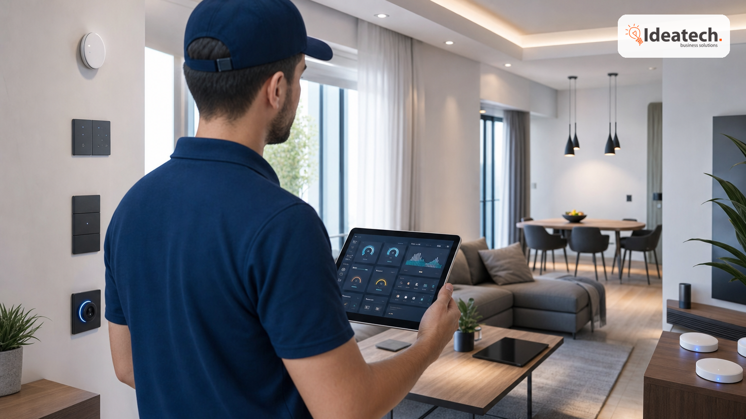 Kỹ thuật viên chỉnh vị trí cảm biến và cấu hình công tắc thông minh trong căn hộ hiện đại