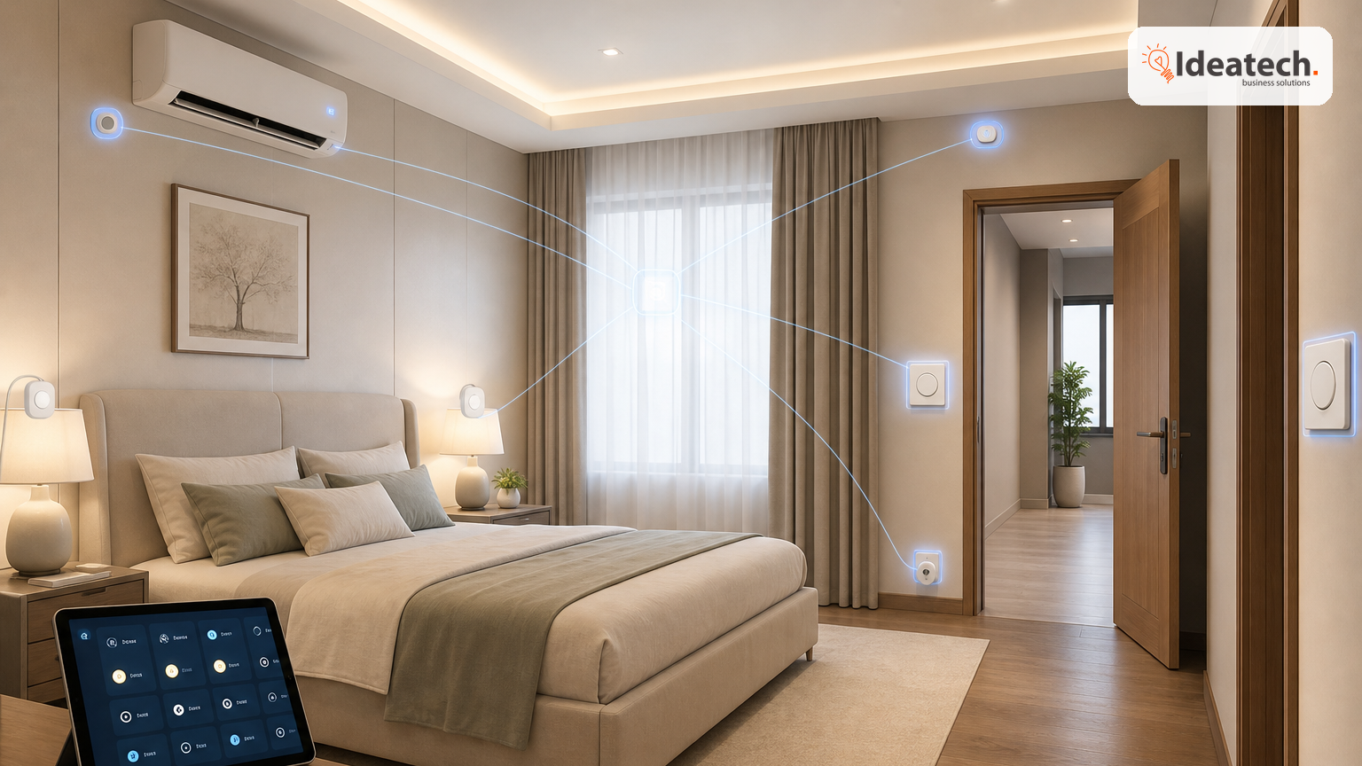Phòng ngủ sáng rõ có công tắc thông minh dễ bấm, đèn đầu giường và cảm biến chuyển động