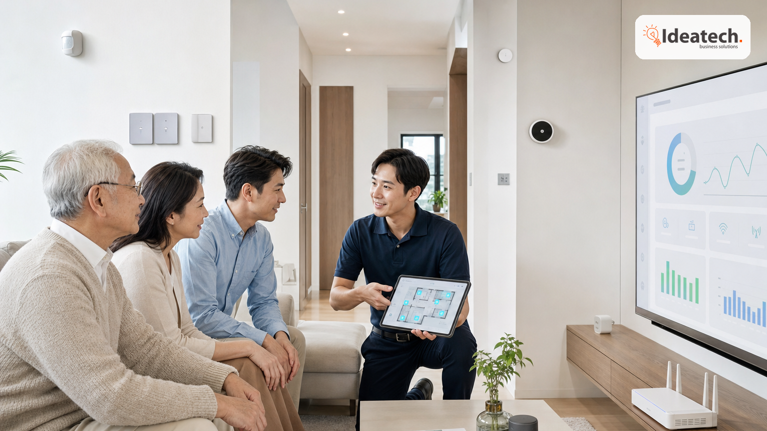 Kỹ thuật viên tư vấn sơ đồ công tắc, cảm biến và kịch bản ánh sáng đơn giản cho gia đình có người lớn tuổi