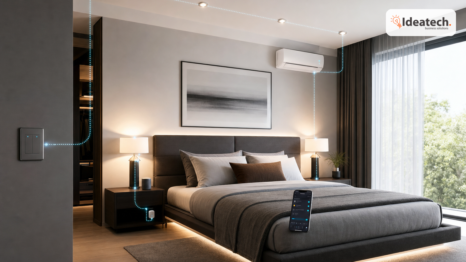 Phòng ngủ hiện đại có đèn thông minh, cảm biến hiện diện và lịch tự động hóa trên điện thoại