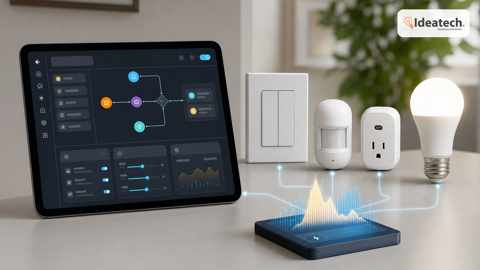Tablet hiển thị luồng tự động hóa đèn thông minh bên cạnh công tắc và cảm biến