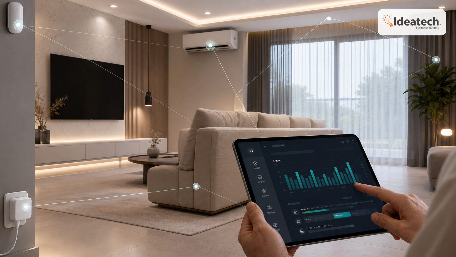 Công tắc thông minh và tablet hiển thị các cảnh sáng trong phòng khách hiện đại
