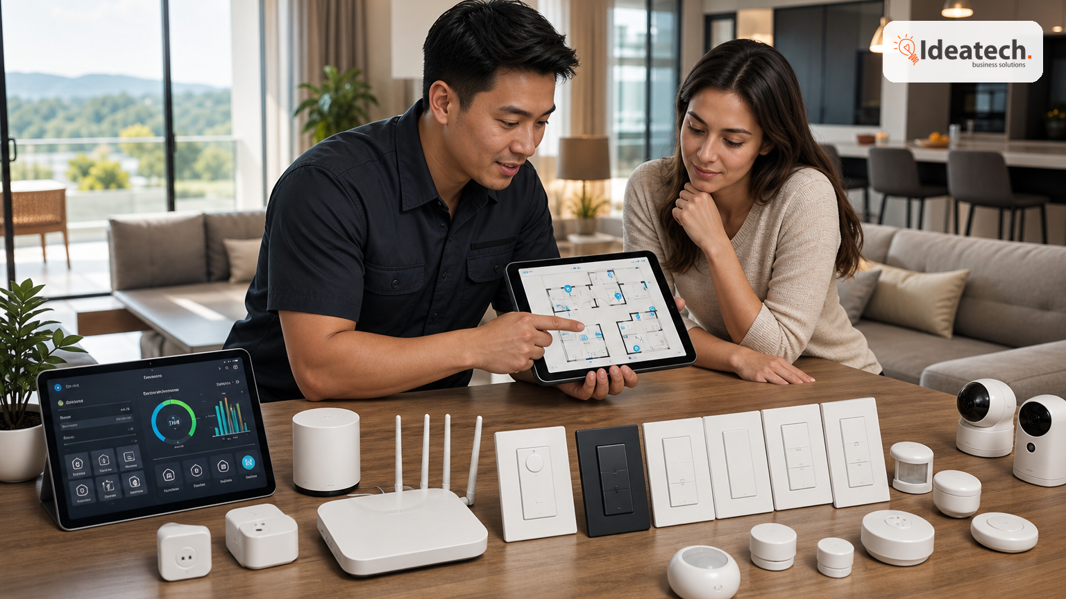 Kỹ thuật viên kiểm tra sơ đồ công tắc, cảm biến và đèn thông minh cho homestay trên tablet