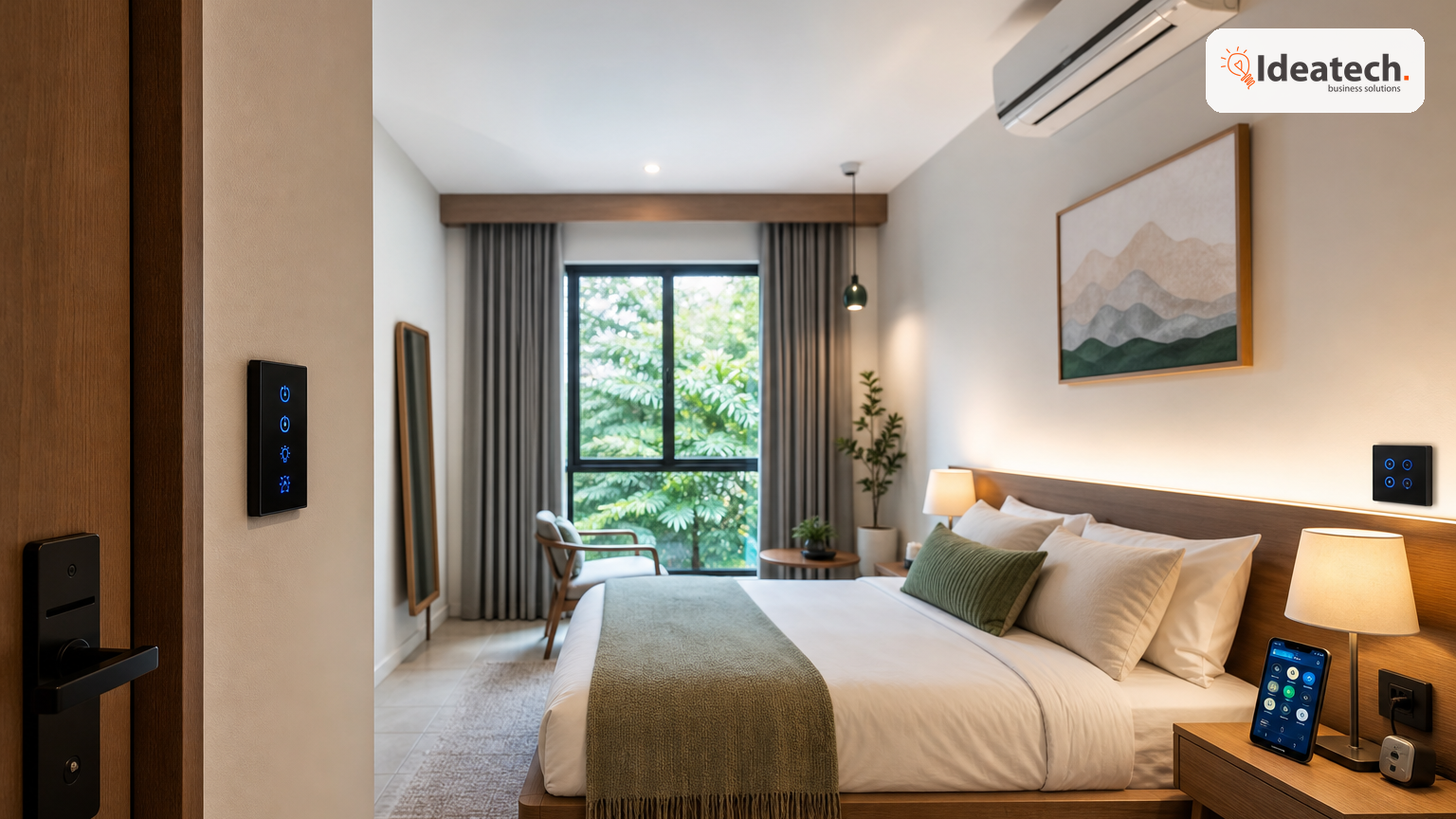 Phòng ngủ homestay hiện đại có công tắc thông minh và cảm biến chuyển động