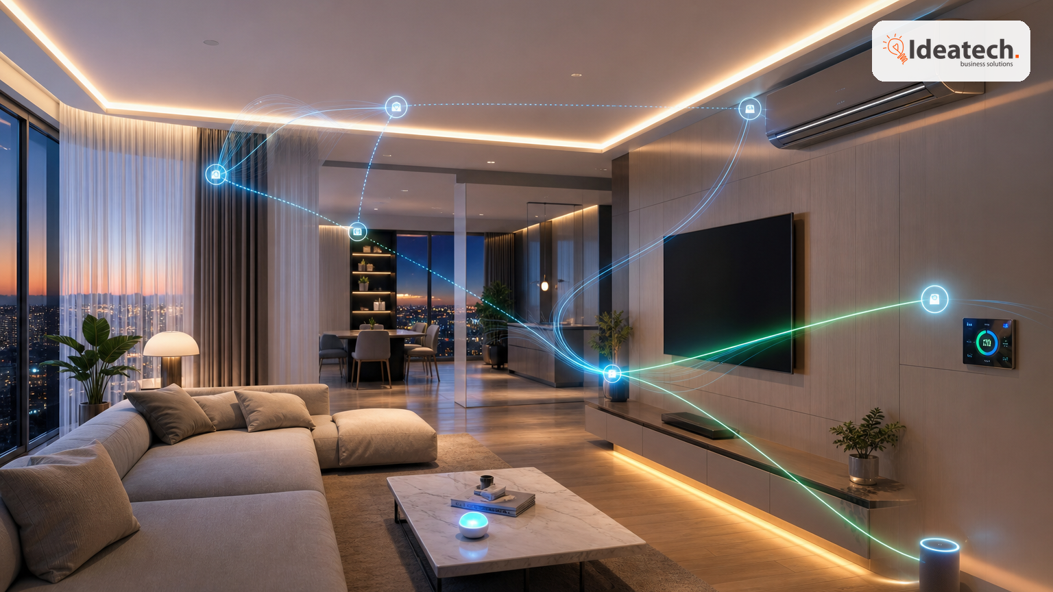 Phòng khách hiện đại với đèn thông minh, rèm tự động, điều hòa và dashboard IoT