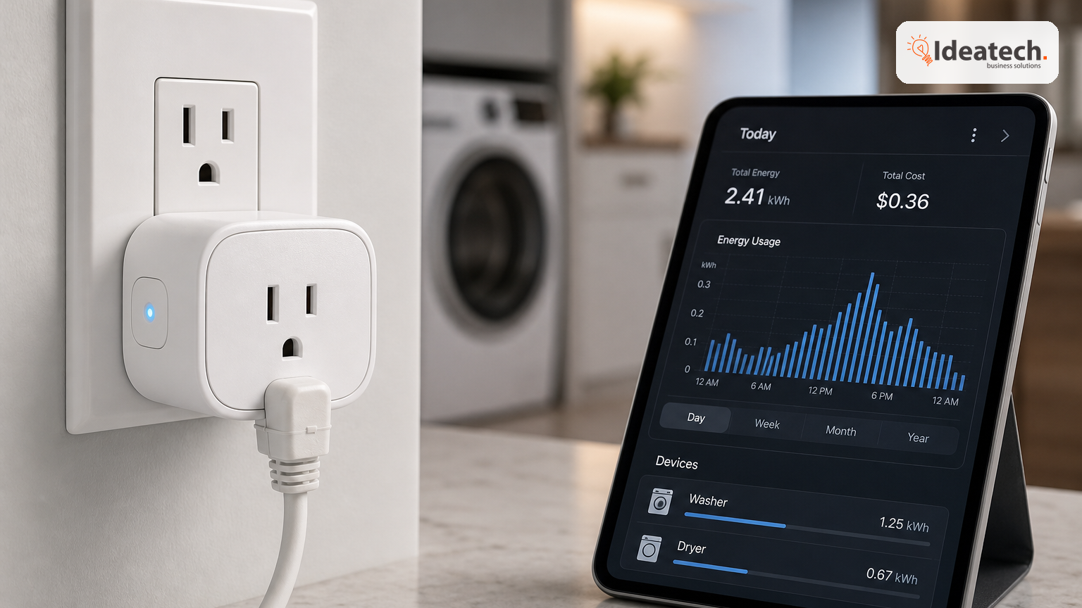 Smart plug và dashboard điện năng hiển thị biểu đồ tiêu thụ điện của đèn thông minh
