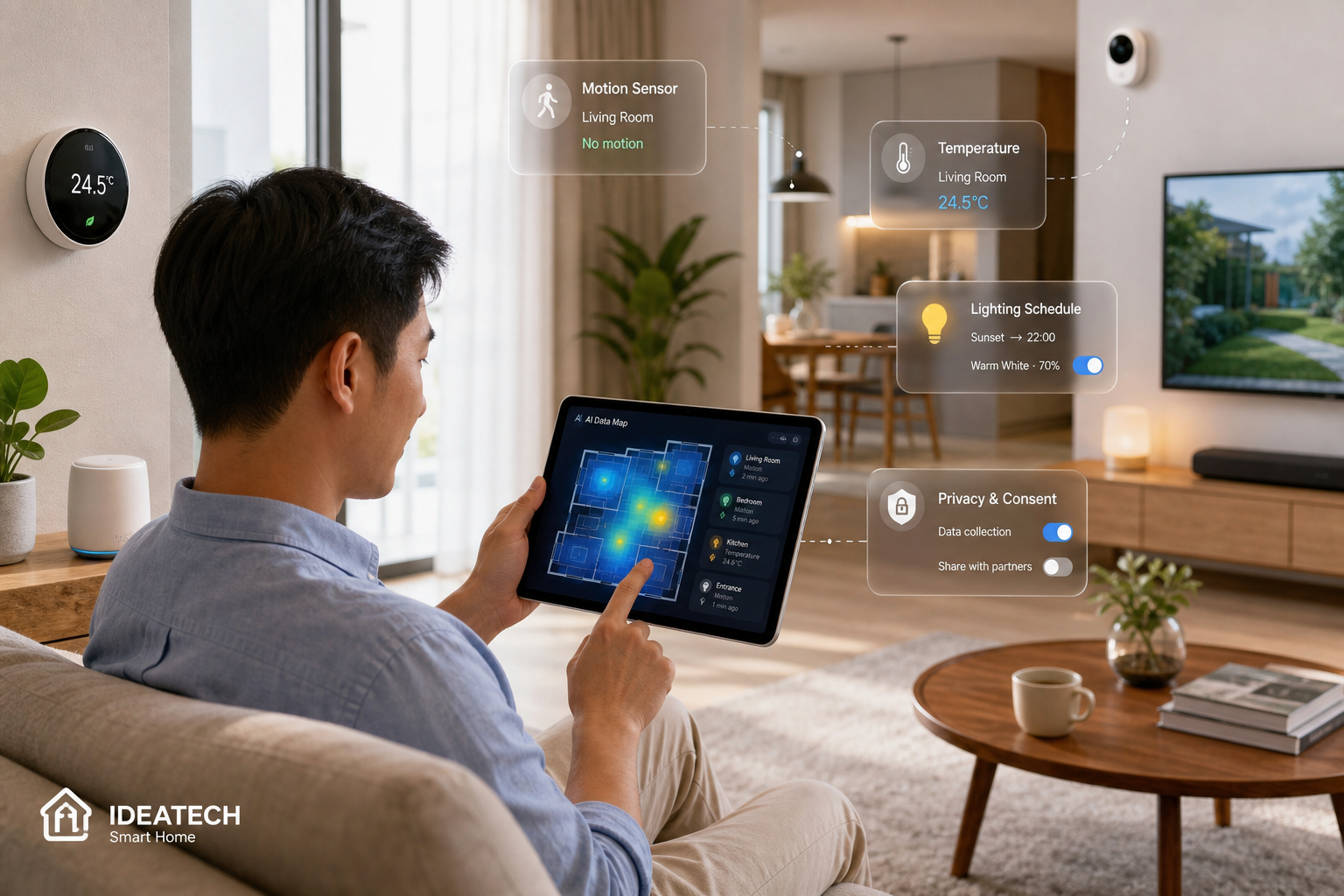 Chủ nhà xem bản đồ dữ liệu cảm biến, lịch chiếu sáng và điều hòa trên máy tính bảng