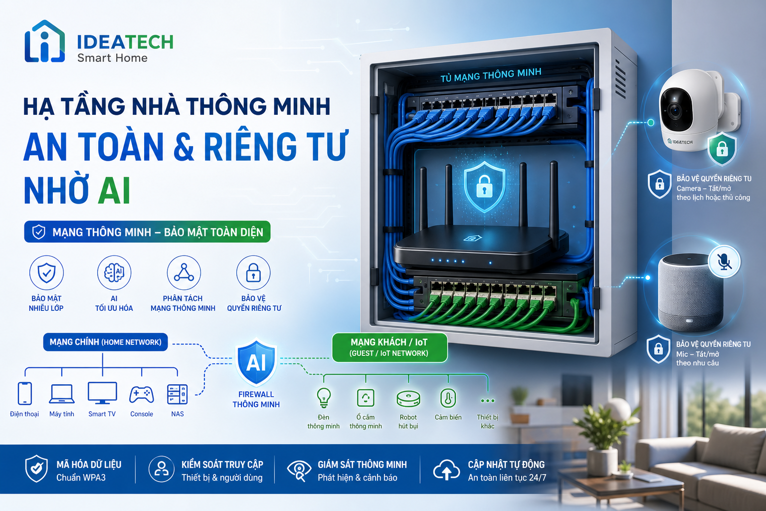 Tủ mạng gia đình với router, lớp bảo vệ và biểu tượng khóa cho thiết bị IoT