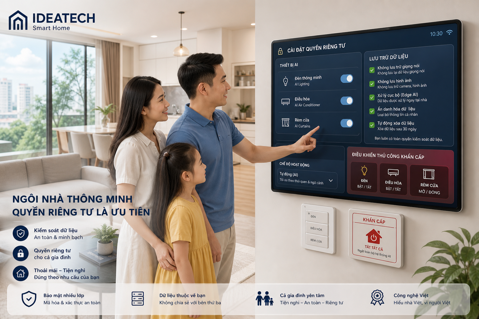 Gia đình cấu hình quy tắc riêng tư cho AI điều khiển đèn, điều hòa và rèm cửa