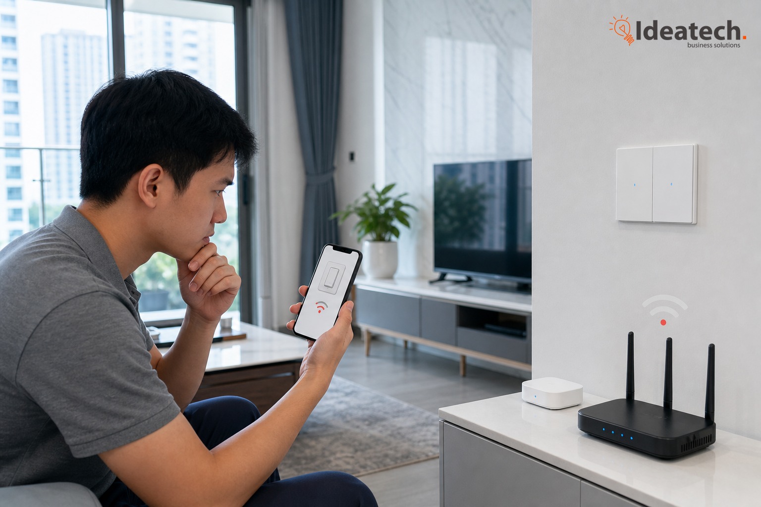 Gia chủ căn hộ kiểm tra ứng dụng khi công tắc thông minh và thiết bị trong nhà bị mất kết nối