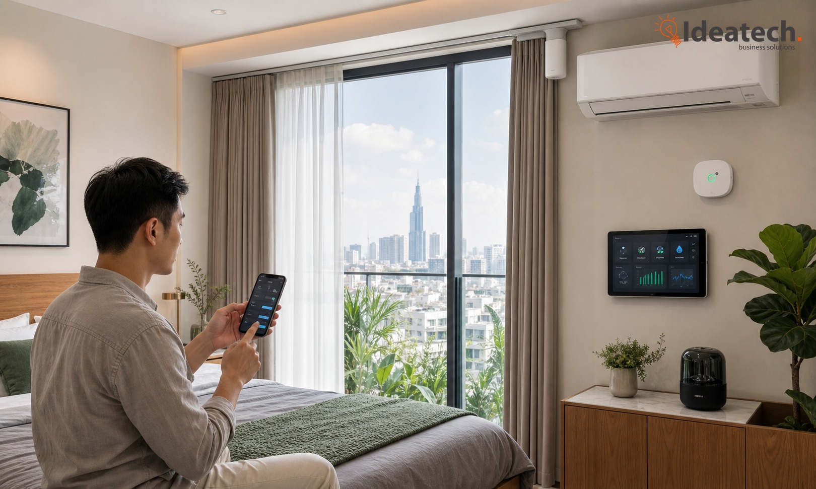 Điều hòa rèm thông minh và cảm biến môi trường trong phòng ngủ căn hộ đang được kiểm tra lại lịch tự động