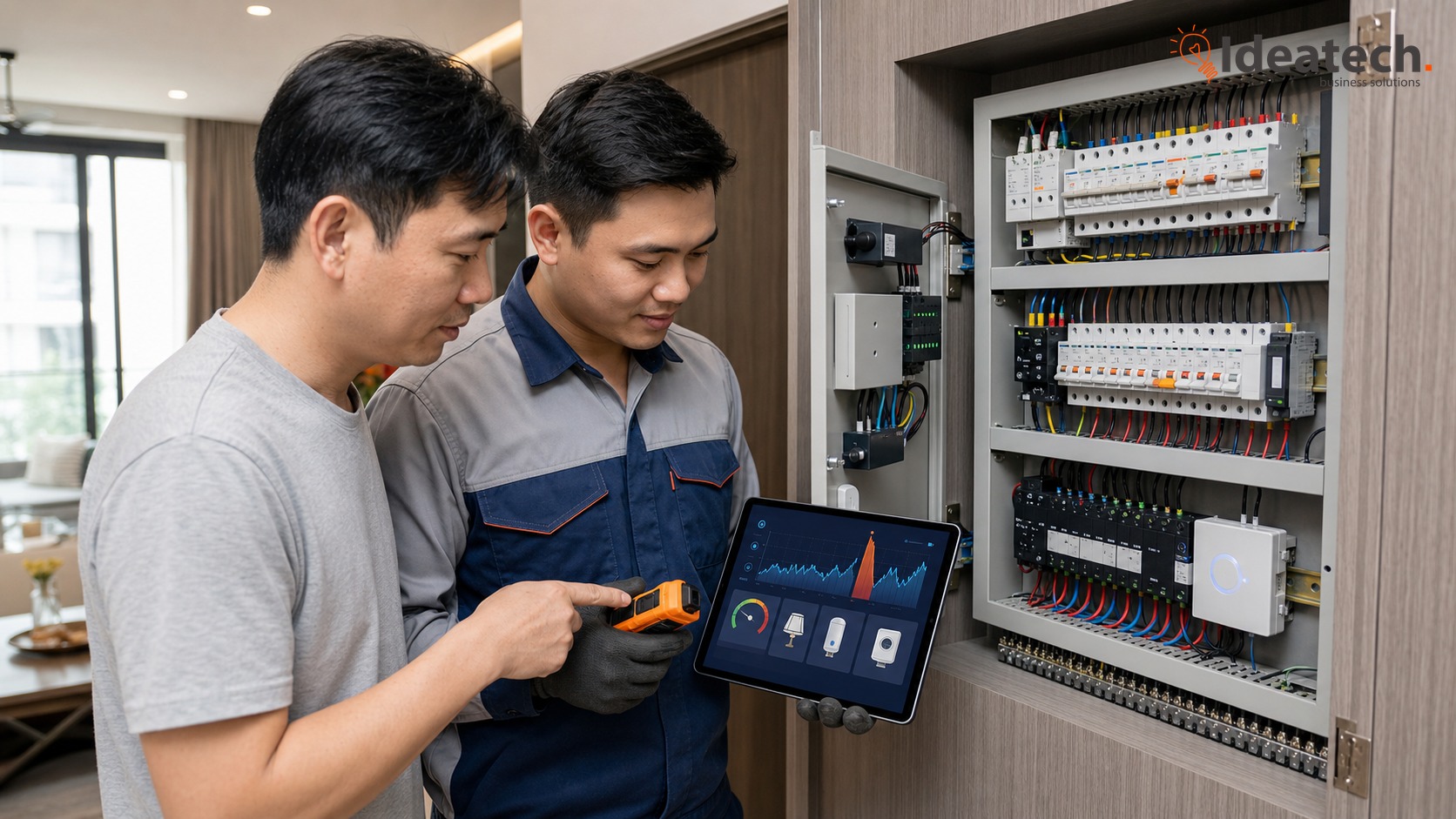 Gia chủ và kỹ thuật viên xem bảng điện cùng dữ liệu điện năng để kiểm tra thiết bị tiêu thụ bất thường trong căn hộ