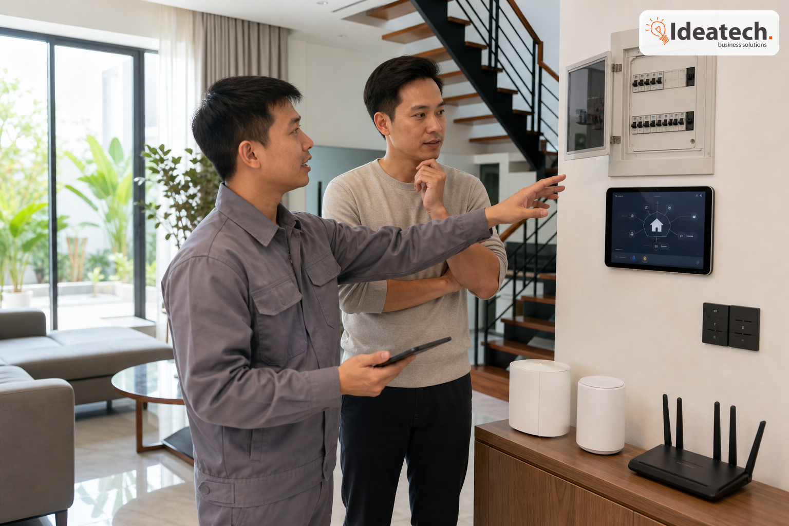 Kỹ thuật viên khảo sát tủ điện, công tắc âm tường và mạng Wi-Fi trước khi lắp đặt nhà thông minh