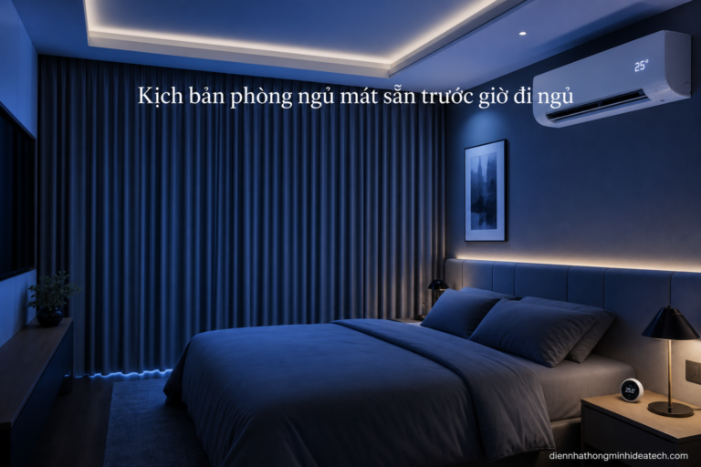 Phòng ngủ thông minh với rèm đóng, điều hòa 25 độ C và cảm biến nhiệt độ trên táp đầu giường