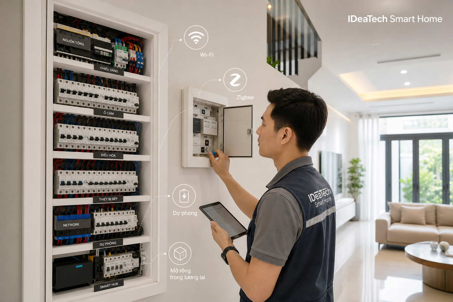 Kỹ thuật viên kiểm tra tủ điện và công tắc trước khi nâng cấp smarthome