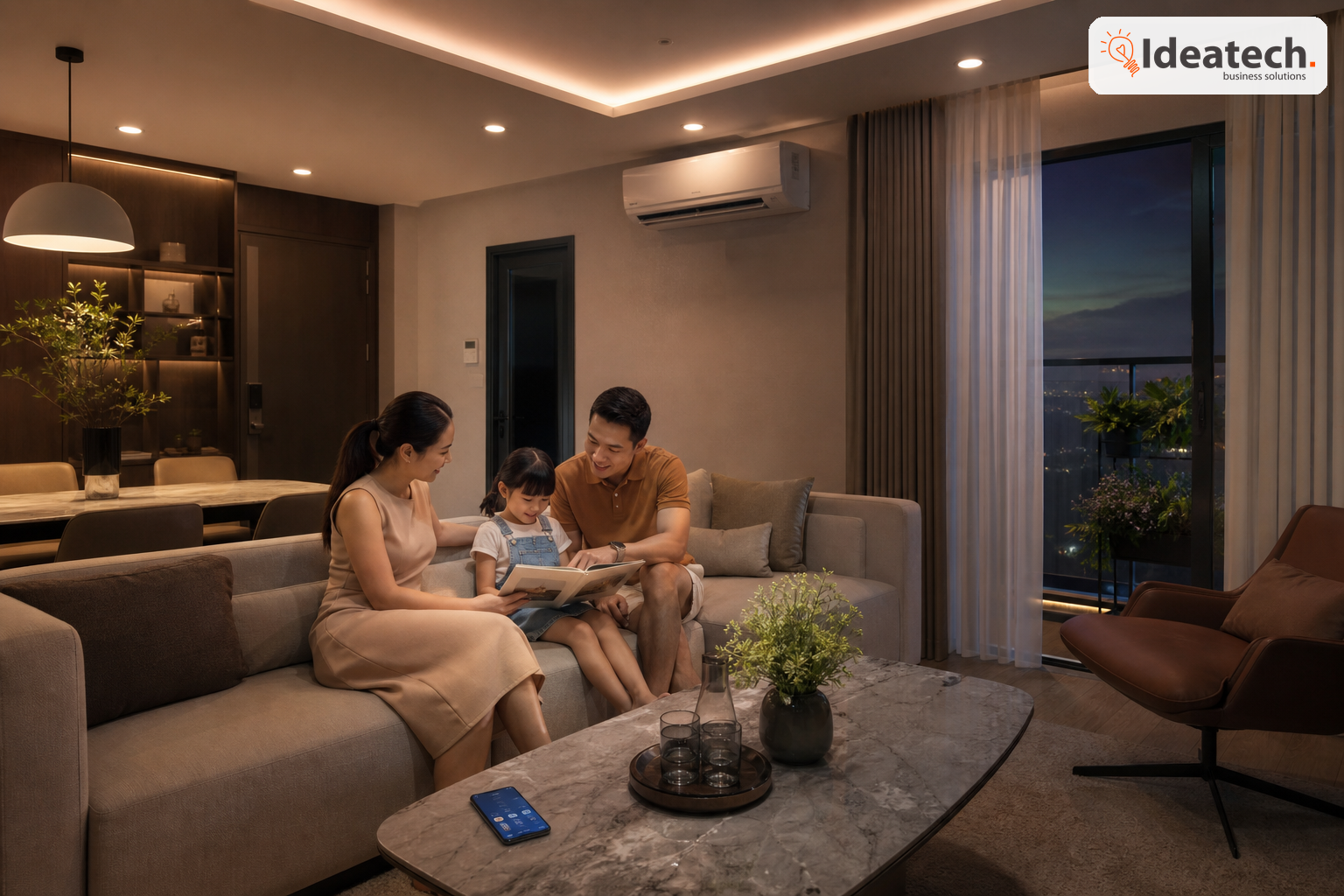 Phòng khách gia đình Việt với đèn thông minh, rèm tự động và điện thoại điều khiển nhà thông minh