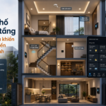 Minh họa nhà phố nhiều tầng với hệ thống điều khiển và cảm biến thông minh