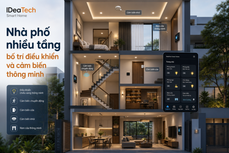 Minh họa nhà phố nhiều tầng với hệ thống điều khiển và cảm biến thông minh