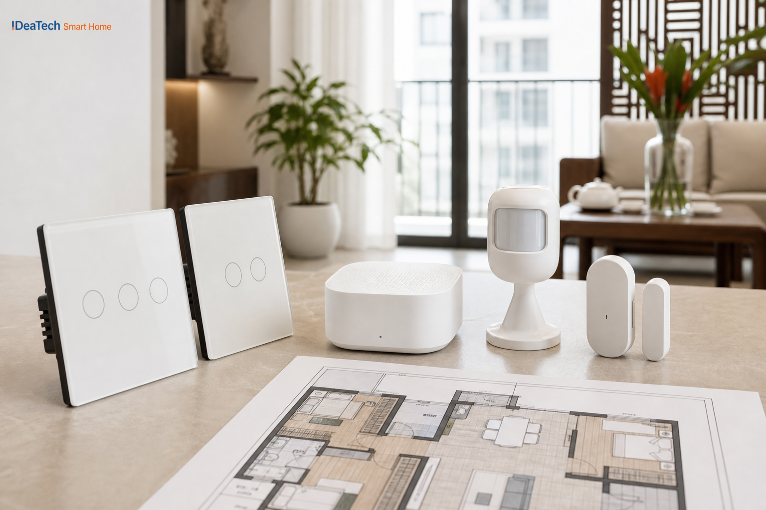 Bộ thiết bị nhà thông minh cơ bản gồm công tắc hub cảm biến và sơ đồ nâng cấp theo giai đoạn Bộ thiết bị nhà thông minh cơ bản gồm công tắc hub cảm biến và sơ đồ nâng cấp theo giai đoạn