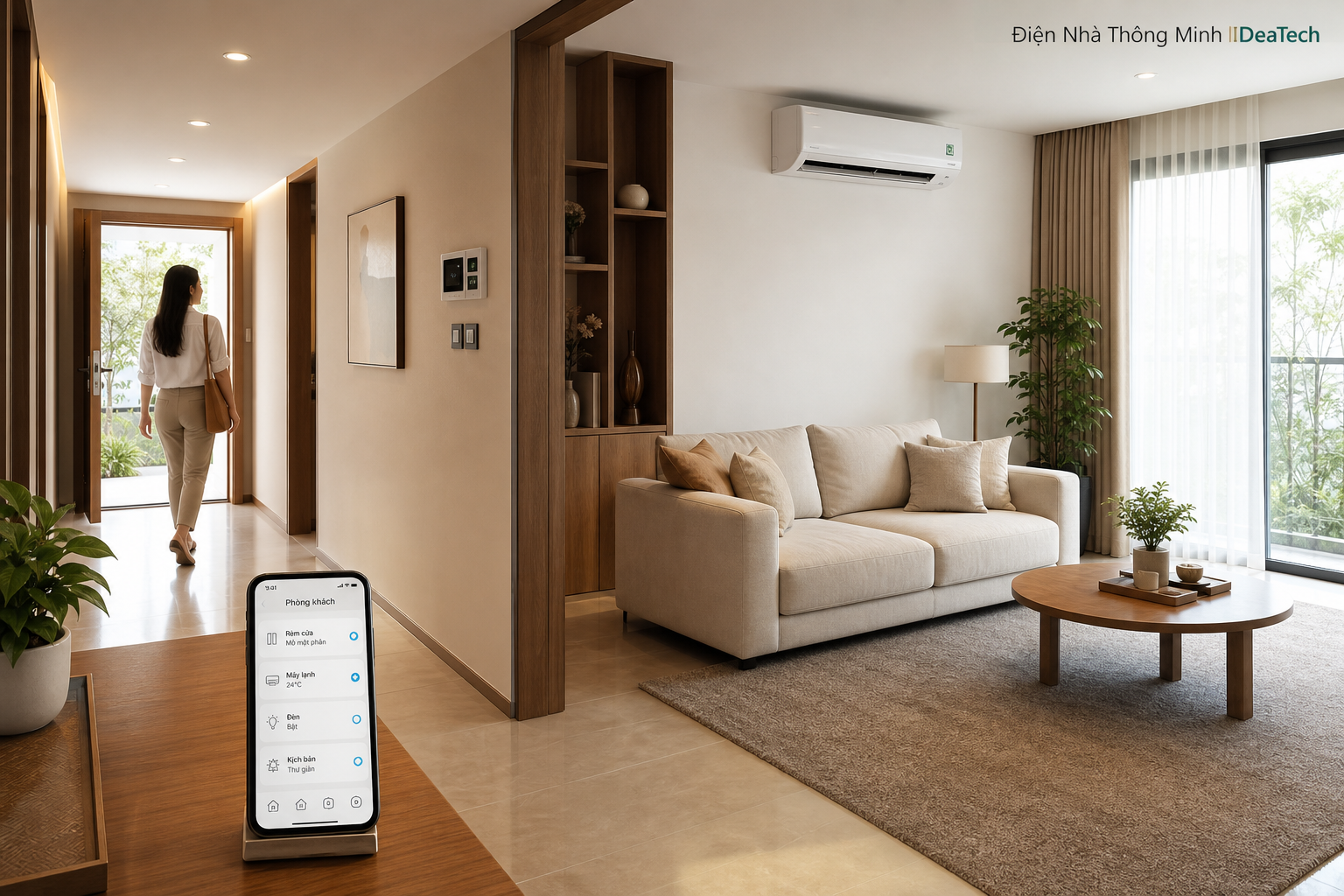 Kịch bản thiết bị thông minh tự bật đèn hành lang và điều khiển rèm điều hòa bằng điện thoại