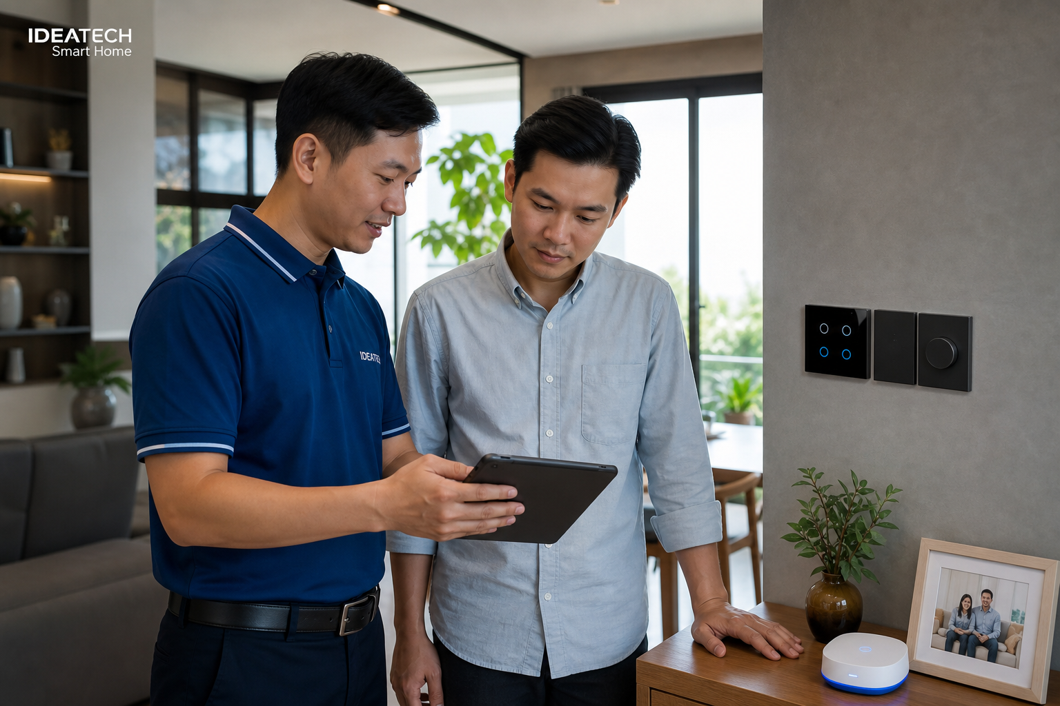 Gia chủ và kỹ thuật viên cùng rà soát nhu cầu thực tế trước khi triển khai hệ thống smarthome