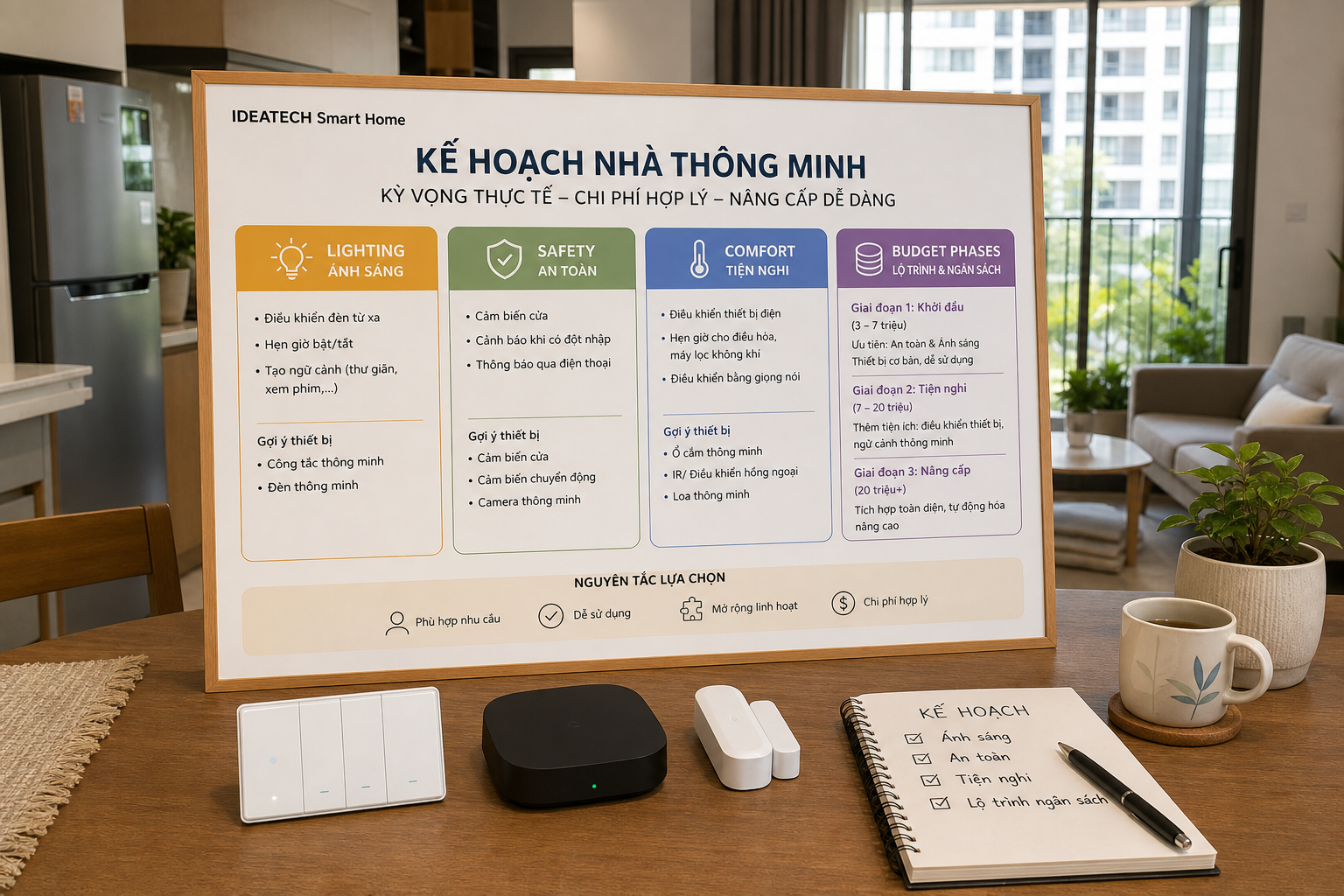 Thiết bị smarthome được sắp xếp theo ưu tiên gồm công tắc hub cảm biến và lộ trình ngân sách