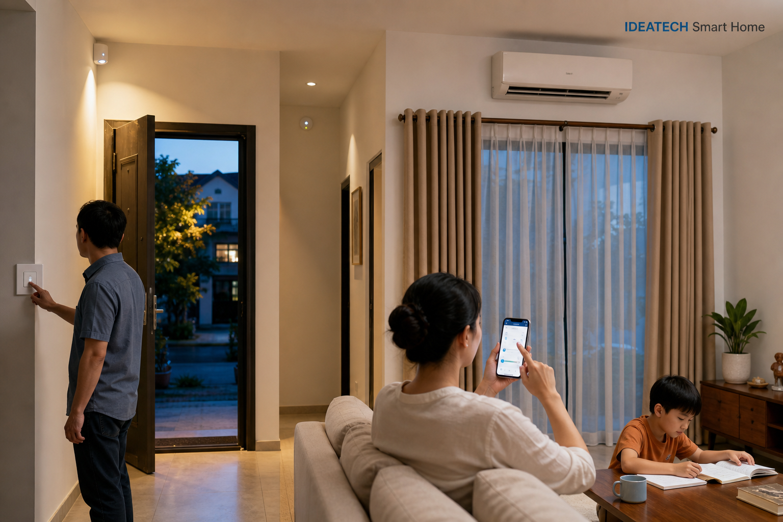 Kịch bản smarthome thực tế với đèn sảnh cảm biến hành lang rèm và điều hòa điều khiển linh hoạt