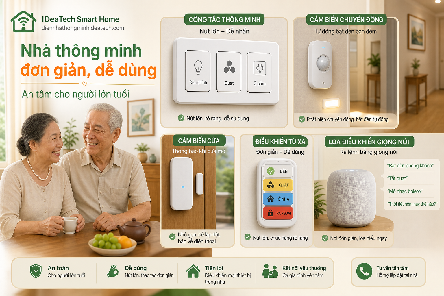 Thiết bị smart home phù hợp cho người lớn tuổi gồm công tắc lớn cảm biến cửa và cảm biến hành lang Thiết bị smart home phù hợp cho người lớn tuổi gồm công tắc lớn cảm biến cửa và cảm biến hành lang