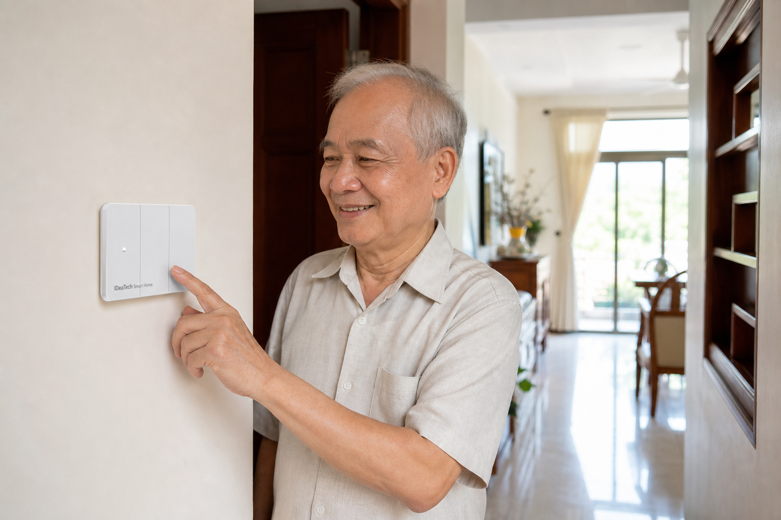 Người lớn tuổi dùng công tắc thông minh lớn trong hành lang sáng rõ Người lớn tuổi dùng công tắc thông minh lớn trong hành lang sáng rõ