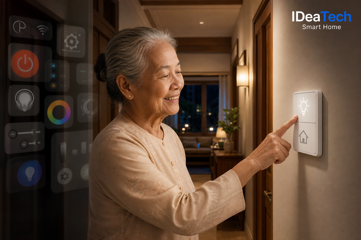 Người lớn tuổi dùng công tắc thông minh đơn giản trong hành lang sáng dịu