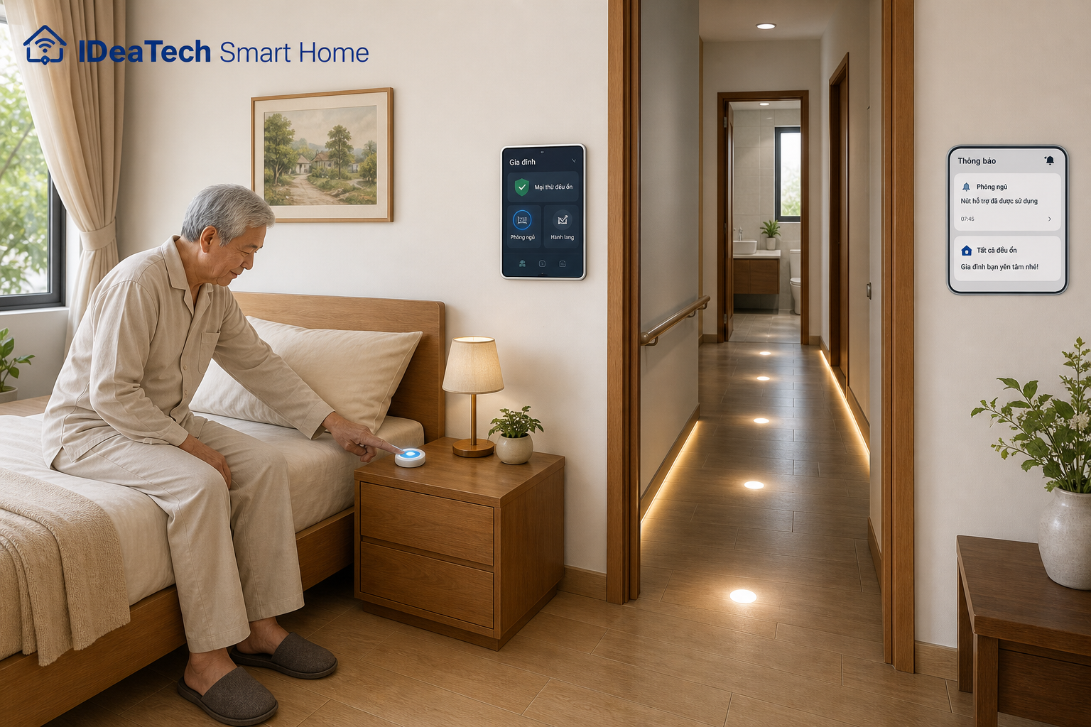 Kịch bản ban đêm cho người lớn tuổi với nút cạnh giường và đèn dẫn lối nhẹ