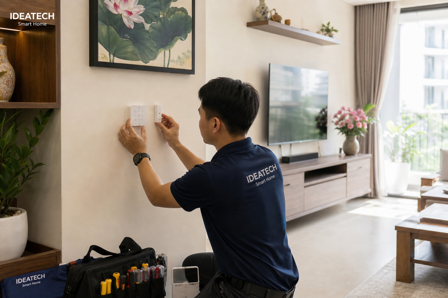 Kỹ thuật viên lắp công tắc và cảm biến thông minh cho nhà đã hoàn thiện