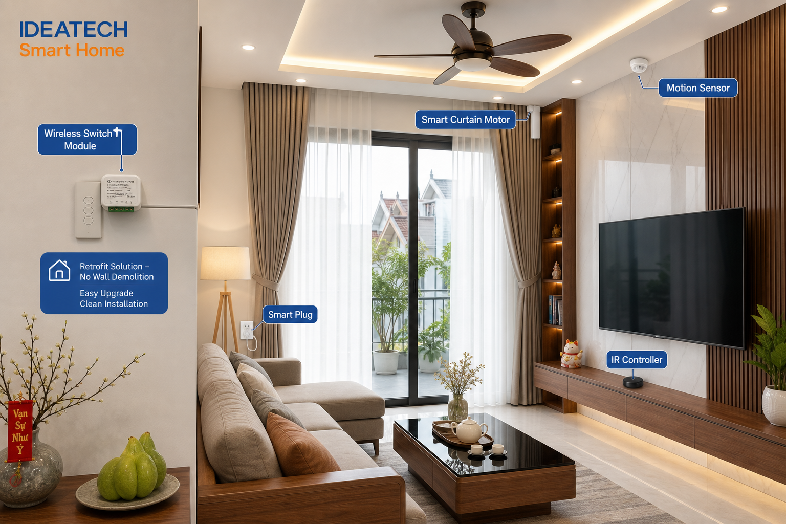 Thiết bị smarthome retrofit gồm công tắc không dây cảm biến rèm và bộ điều khiển hồng ngoại