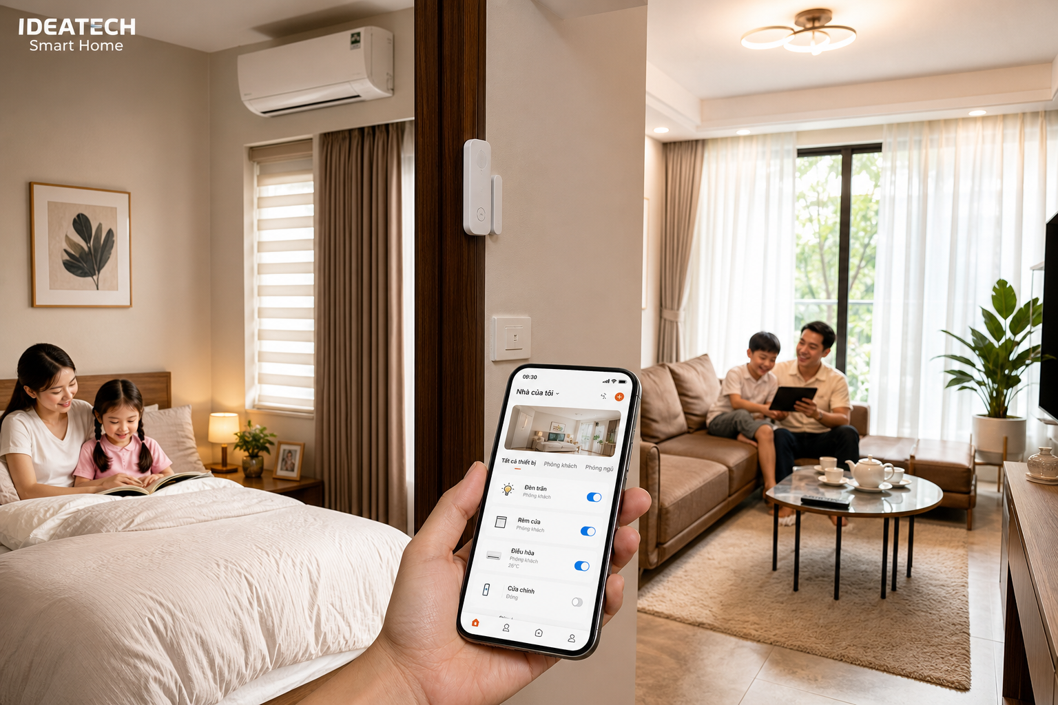 Gia đình sử dụng kịch bản đèn rèm điều hòa sau khi lắp smarthome không đục phá