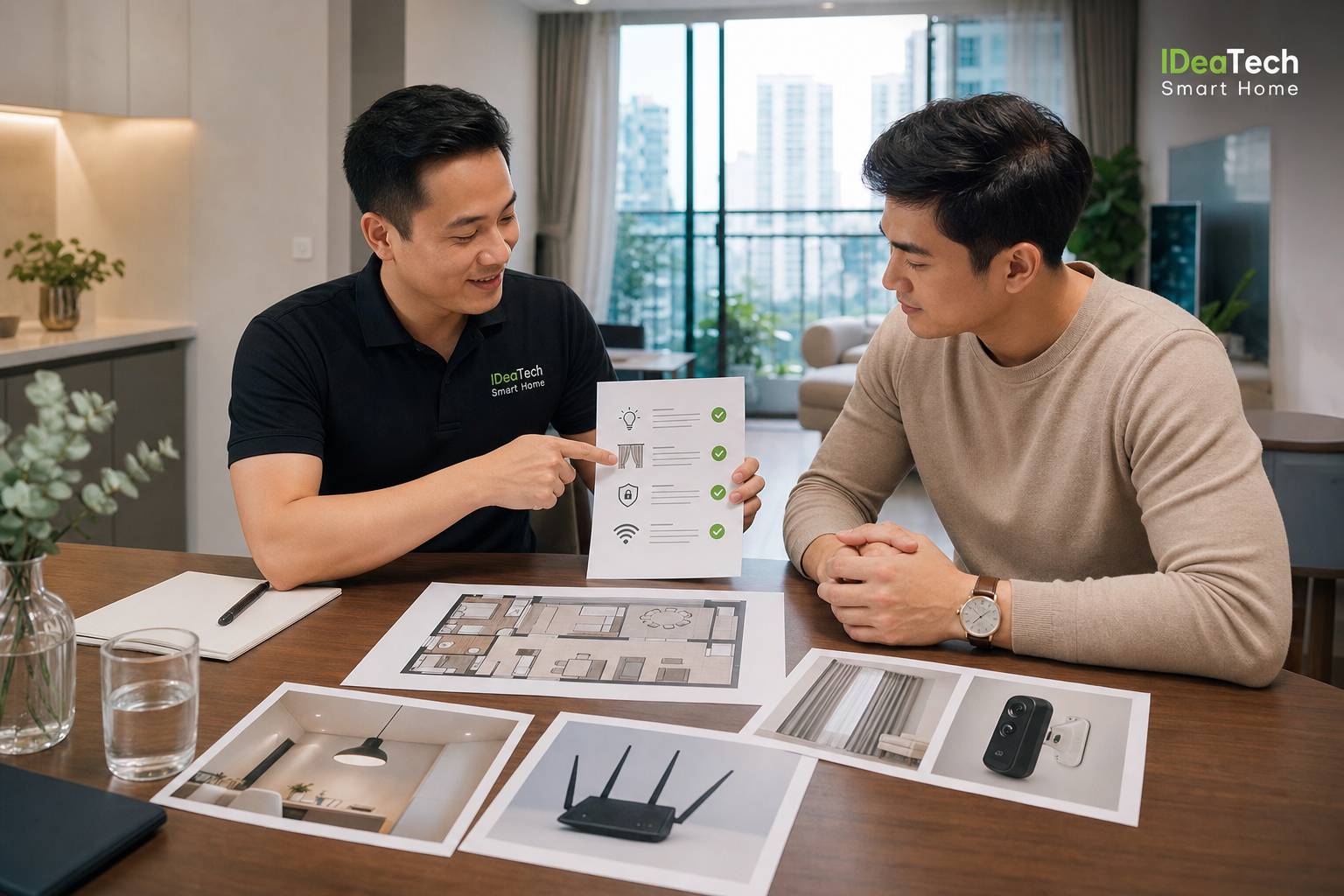 Gia chủ và tư vấn viên kiểm tra nhu cầu smarthome trên bản vẽ nhà