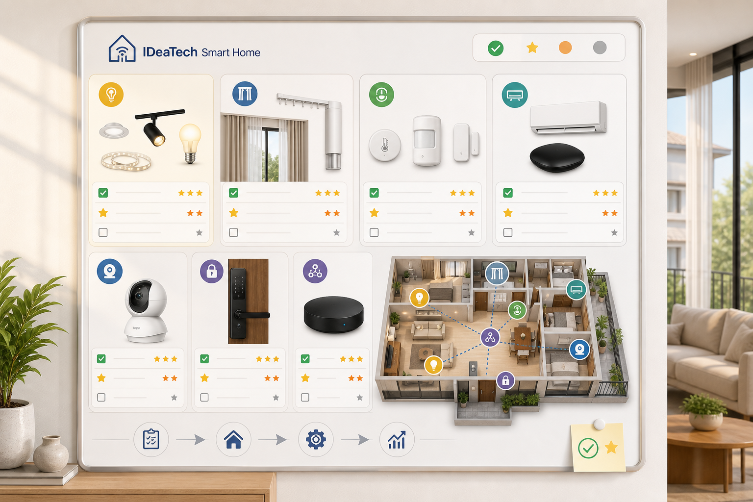 Bảng phân nhóm thiết bị smarthome theo đèn rèm cảm biến điều hòa và an ninh